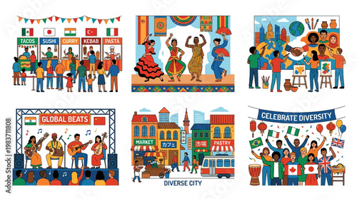 People from different cultures celebrate and enjoy food music and art together in a vibrant diverse city setting happily