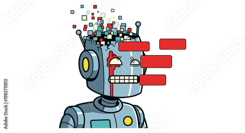 ai breakdown concept with a malfunctioning robot head experiencing digital mental health issues and data corruption