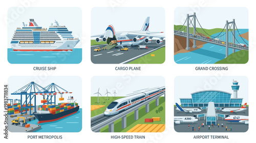 Various modes of transportation and shipping infrastructure illustrated