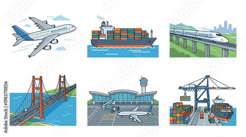 Transportation modes including airplanes, ships, trains, bridges, and airports for global logistics