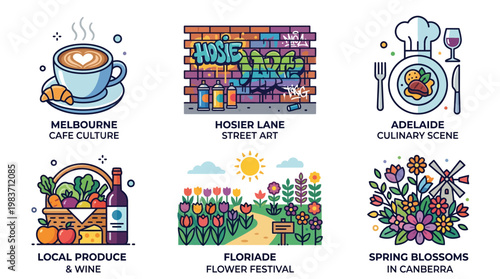 Vibrant Australian scenes showcase Melbourne cafe culture, Hosier Lane street art, Adelaide culinary scene, local produce, Floriade flower festival, spring blossoms