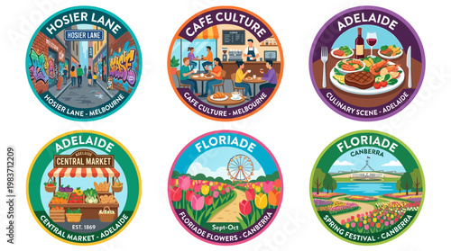 Australian city attraction and festival colorful iconic round logos