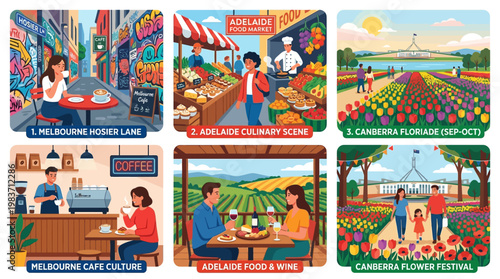 Australian city scenes with food markets and festivals in Melbourne, Adelaide, Canberra