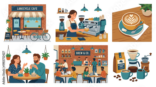 Cartoon illustrations of people enjoying coffee at a cozy cafe