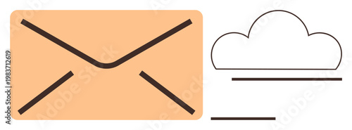 Digital communication, cloud storage, email exchange, data sharing, online messaging, file transfer. Image shows an envelope and a cloud icon. Digital communication and cloud storage concept