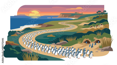 Large group of penguins walking along a winding path in a scenic coastal landscape at sunset