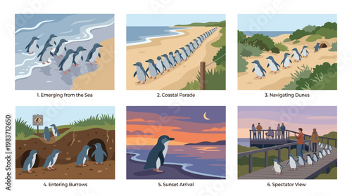 Little penguins walking on beach and in dunes in various scenes