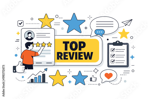 Review Feedback Ratings. Clean editorial banner about customer review and evaluation, one user giving a star rating on an oversized review card beside a speech