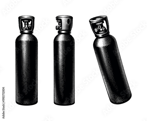 Oxygen cylinder depicted as the same tank in upright front view, side view, and slightly angled perspective view with realistic proportions and detailed valve