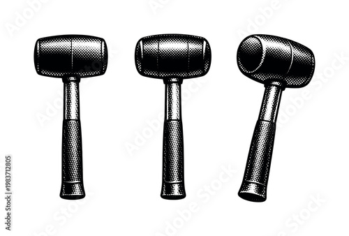 Rubber mallets, soft-faced rubber mallet with a rounded black head and sturdy handle, shown as the same object in side view, front view, and three-quarter