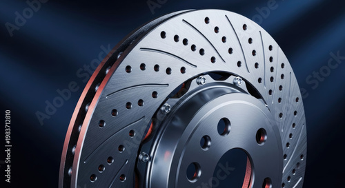 Slotted and drilled brake disc rotor for high performance automotive braking system with precision engineering design on dark backdrop