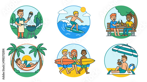 Summer vacation icons featuring people enjoying leisure activities outdoors