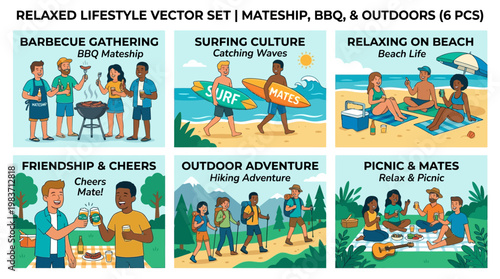 Relaxed lifestyle vector set featuring friends enjoying barbecue gatherings and outdoor adventures together in a casual setting.