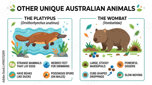 Unique Australian animals platypus and wombat have distinct characteristics