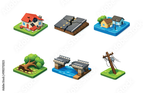 Natural disaster aftermath. Isometric flat vector icons set of Natural disaster aftermath: collapsed house, cracked road, flooded neighborhood, uprooted tree,