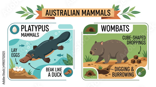 Australian mammals platypus and wombats have unique characteristics and behaviors