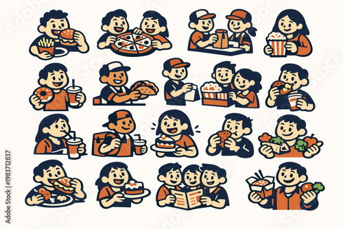 Junk Food Stories flat vector digital illustration, doodle flat, thick outline, expressive characters, simple shapes, playful proportions, exaggerated scale,