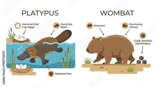 Platypus and wombat unique characteristics illustration with key facts