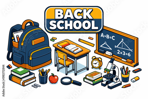 Back To School Collection of isometric vector icons showing backpack, school bus, blackboard, classroom desk, biology microscope, chemistry flask, graduation