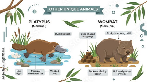 Unique animals platypus and wombat have distinct characteristics and features