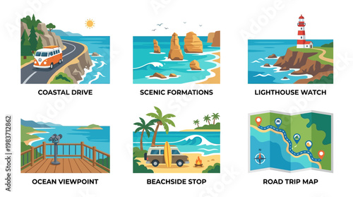 Colorful road trip scenes with a van on a coastal drive and various beach activities