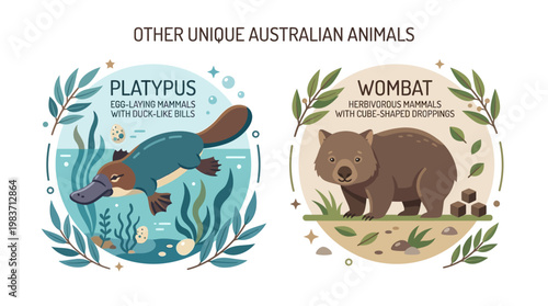 Unique Australian animals platypus and wombat illustrations
