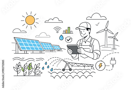 Renewable energy in farming. Solar panels stretching across a quiet field, farmer checking data on a tablet, wind gently moving crops. Clean energy powering