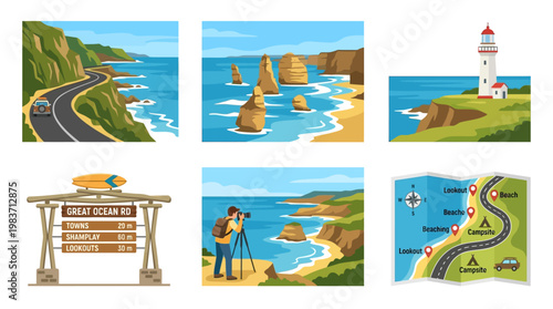 Great Ocean Road scenic route along australian coastline with landmarks