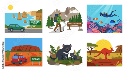 Various Australian landmarks and animals illustrated in a colorful and vibrant style for travel inspiration