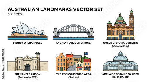 Australian landmarks vector set featuring Sydney Opera House, Harbour Bridge, and other famous buildings