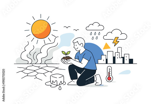 Global warming. A bright sun, cracked ground, and a small city silhouette show the tension between nature and urban life in a simple modern way. A person