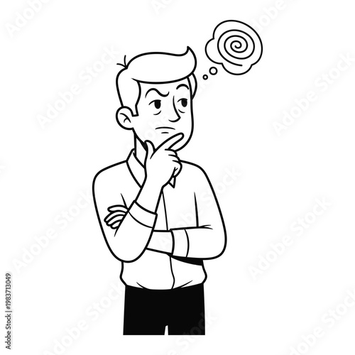 Confused man thinking with swirl symbol in thought bubble vector illustration thinking confusion complicated