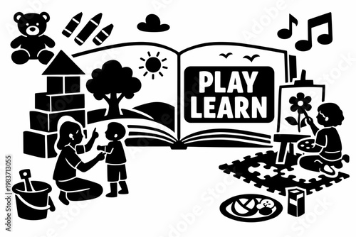 Kindergarten Learning Play. Clean solid banner scene with an oversized toy block tower and giant open picture book spanning the full canvas, one teacher