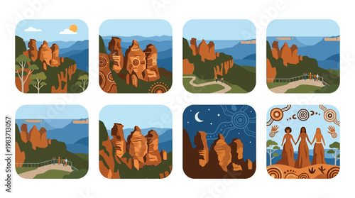 Three Sisters rock formation in Australia with tourists and aboriginal art