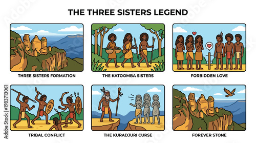 The Three Sisters Legend scenes depict an ancient native Australian story