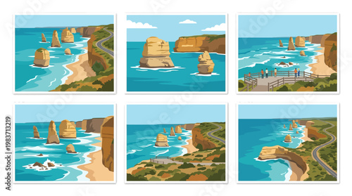 Twelve apostles limestone stacks coastal scenery illustrations