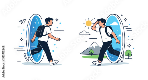 Digital teleport network. Multiple portals connected across a clean space with characters entering and exiting, suggesting a system of fast transportation.