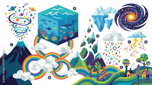 Colorful illustration of various natural and environmental concepts including ocean habitat and weather phenomena in educational setting