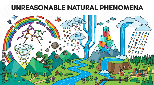Colorful illustration depicts unreasonable natural phenomena with rainbow tornado and block waterfall