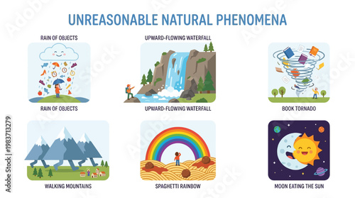 Unreasonable natural phenomena illustrations including rain of objects and walking mountains