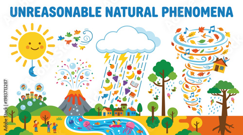 Colorful illustration depicts unreasonable natural phenomena with cartoon style