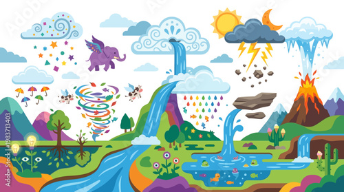 Colorful whimsical illustration depicts various natural elements and fantastical creatures in harmony