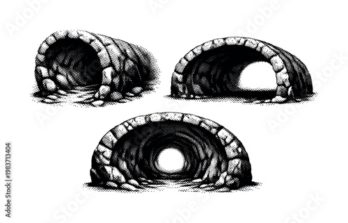 Underwater cave tunnel segment. A realistic underwater cave tunnel segment with cylindrical stone walls is depicted as a single object shown in three views