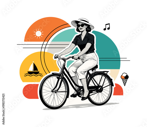 retro lifestyle illustration, layered circles semicircles thin lines and abstract color blocks with small symbolic icons, black and white stylish woman riding
