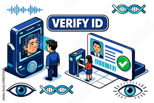 Identity Verification Scan Identity, clean focused isometric hero scene with one oversized fingerprint face scanner and one large ID card checkpoint, small