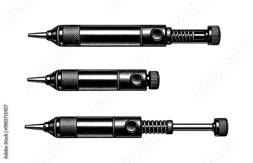 Desoldering pump shown as the same handheld tool in side view, compressed position, and extended position with realistic proportions and precise mechanical