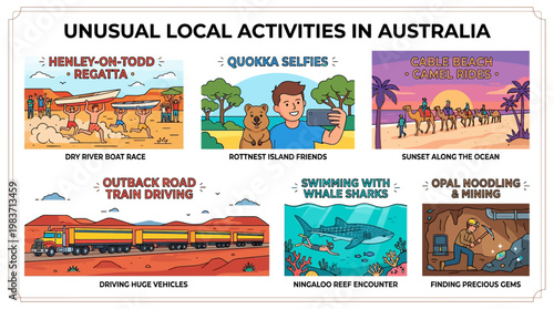 Unusual local activities in Australia include Henley on Todd Regatta, quokka selfies, and cable beach camel rides