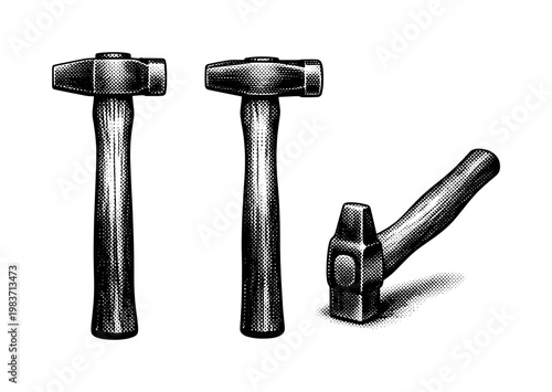 Forging tools cross-peen hammer shown as the same forged hammer in front view, side view, and angled resting position, isolated with realistic proportions and