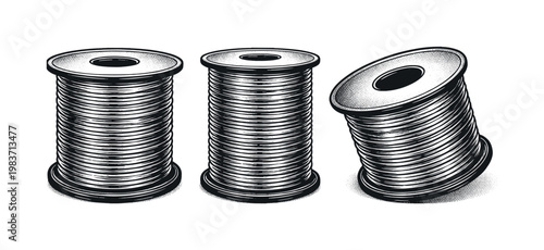 Solder wire spool depicted as the same object in front view, side view, and slightly tilted perspective view with realistic proportions and clearly defined