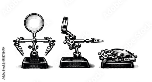Helping hands tool displayed as the same object in frontal view, side angle, and folded position with realistic proportions and detailed clips, joints, and